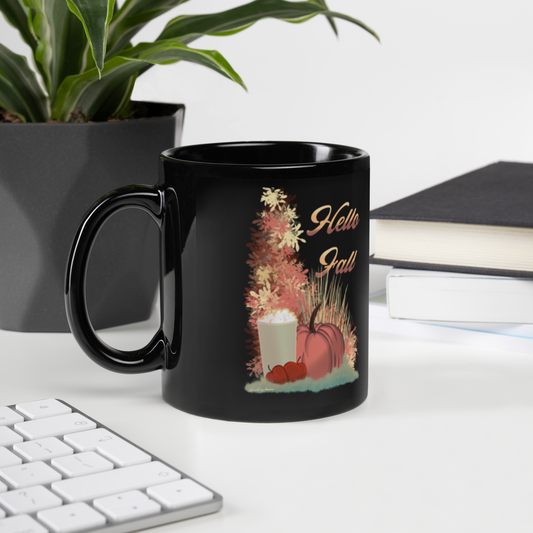 Hello Fall Black Glossy Mug