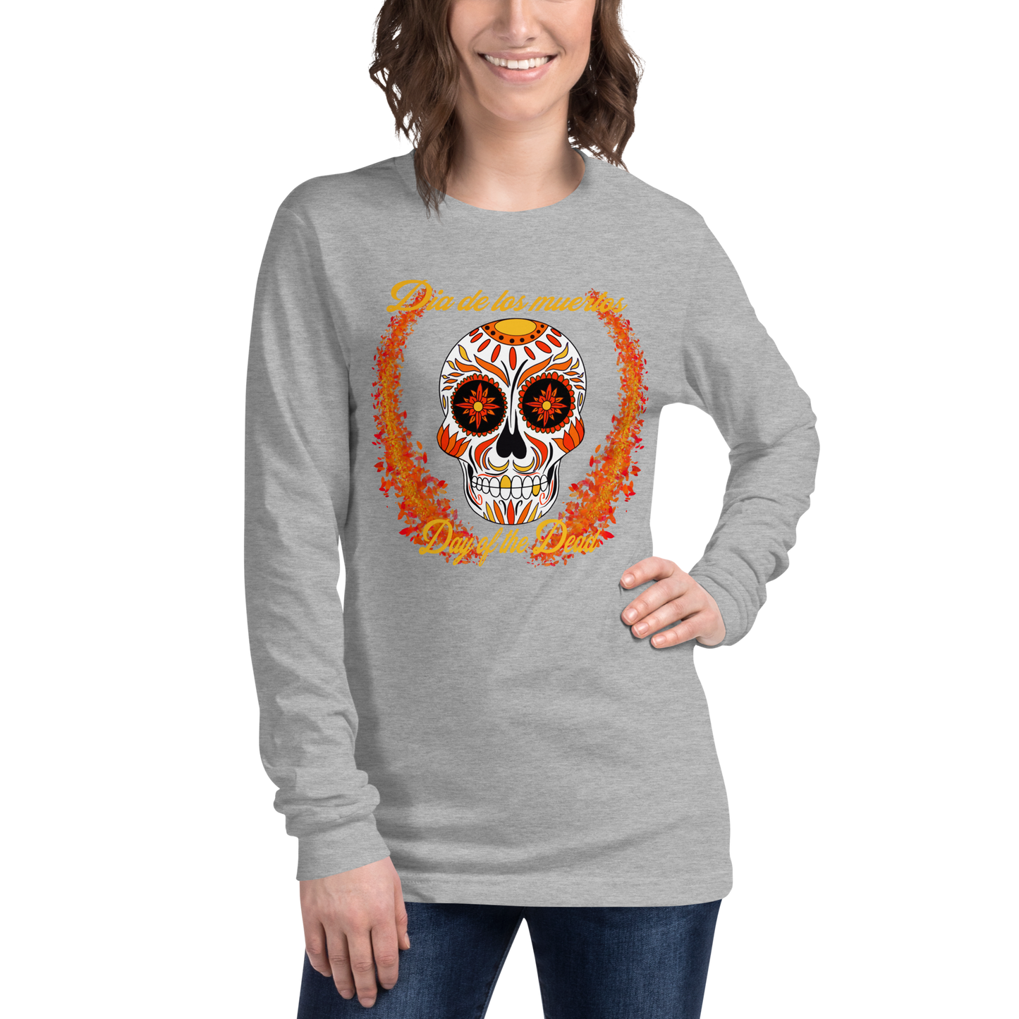 Day of the dead orange and red Dia de los muertos Unisex Long Sleeve Tee