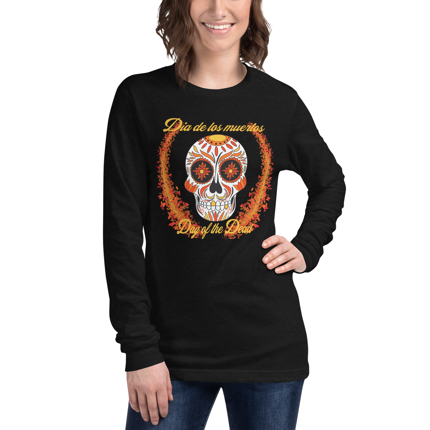 Day of the dead orange and red Dia de los muertos Unisex Long Sleeve Tee