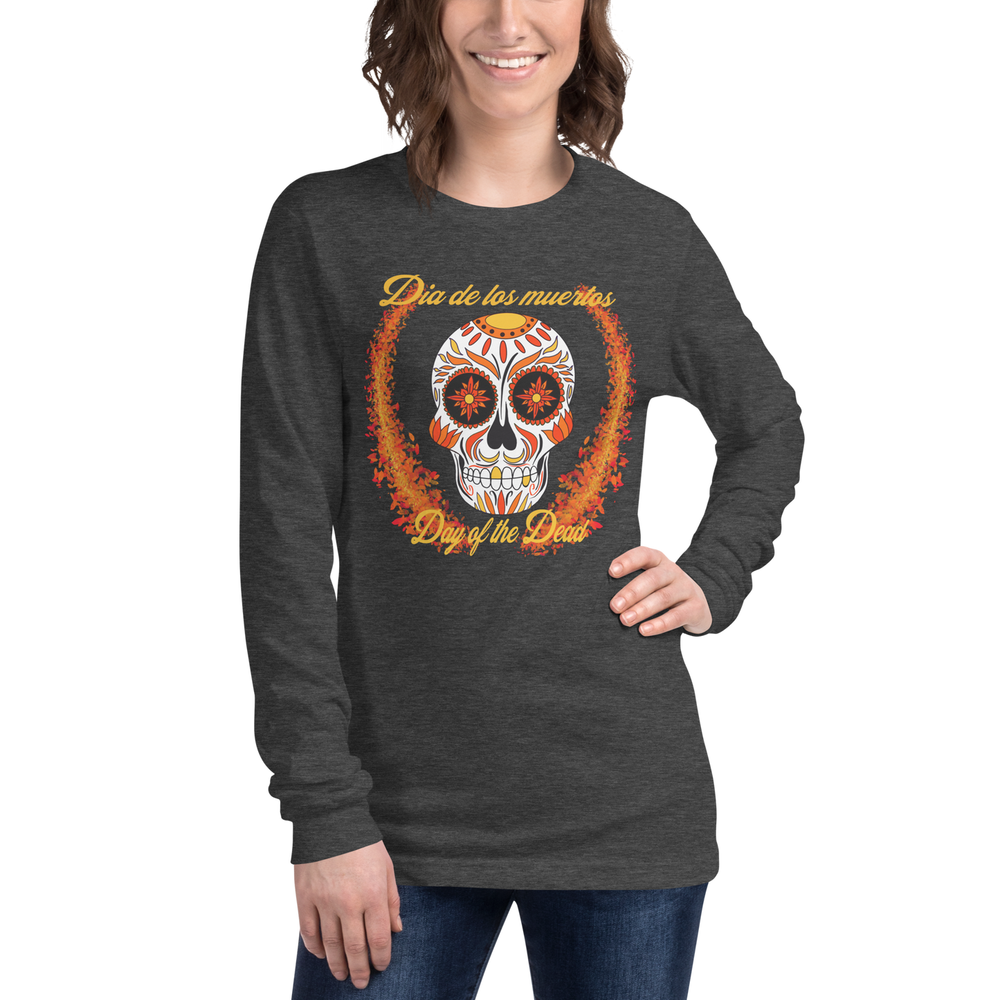 Day of the dead orange and red Dia de los muertos Unisex Long Sleeve Tee