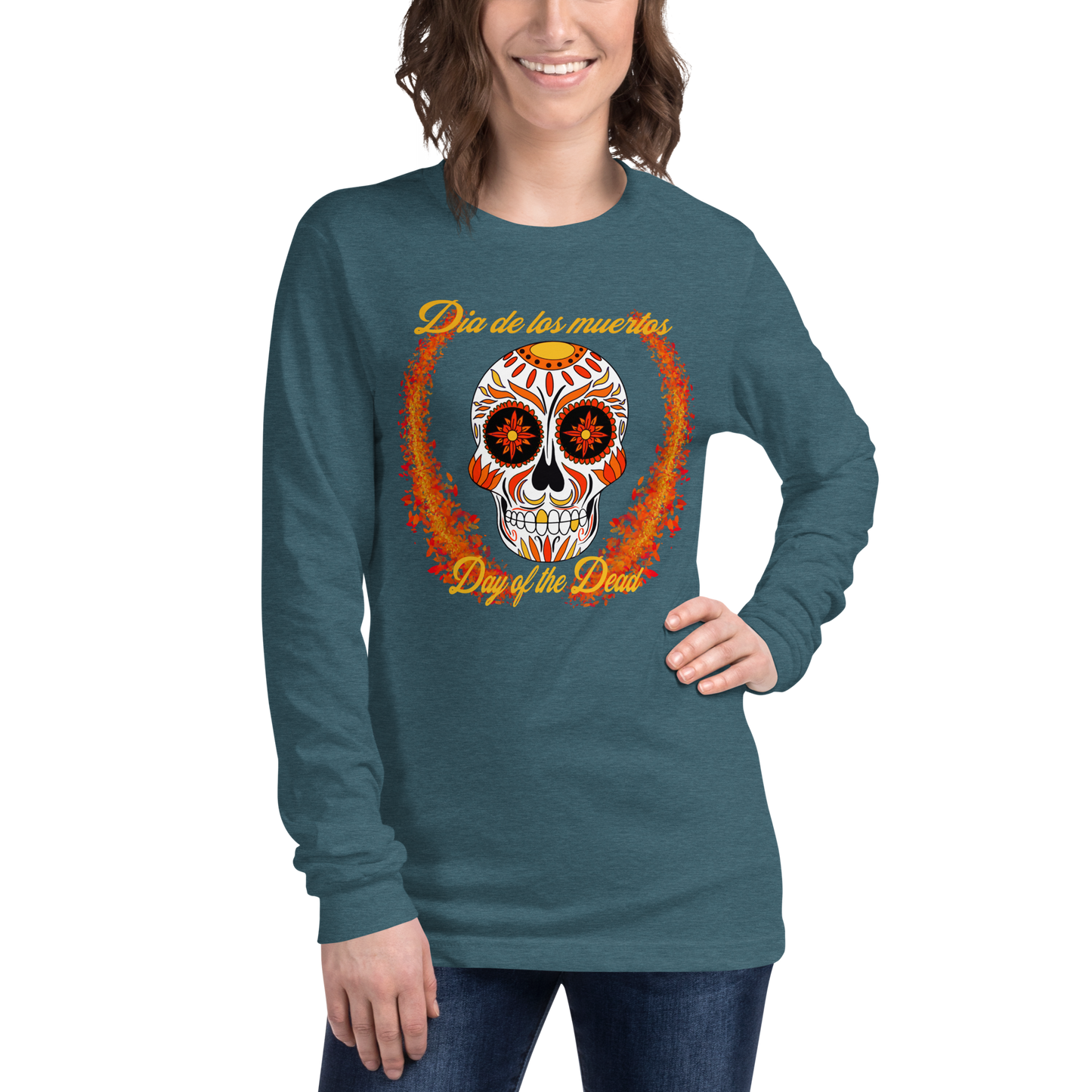 Day of the dead orange and red Dia de los muertos Unisex Long Sleeve Tee