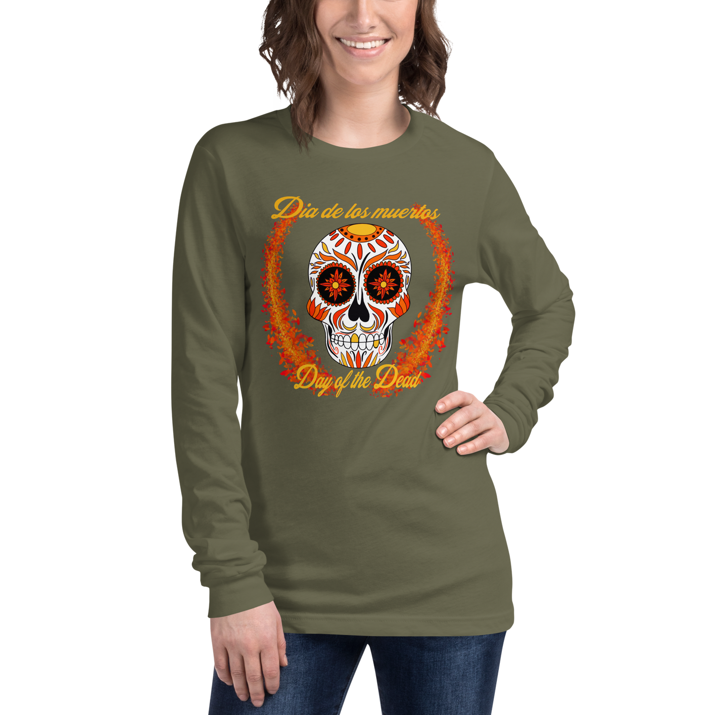 Day of the dead orange and red Dia de los muertos Unisex Long Sleeve Tee