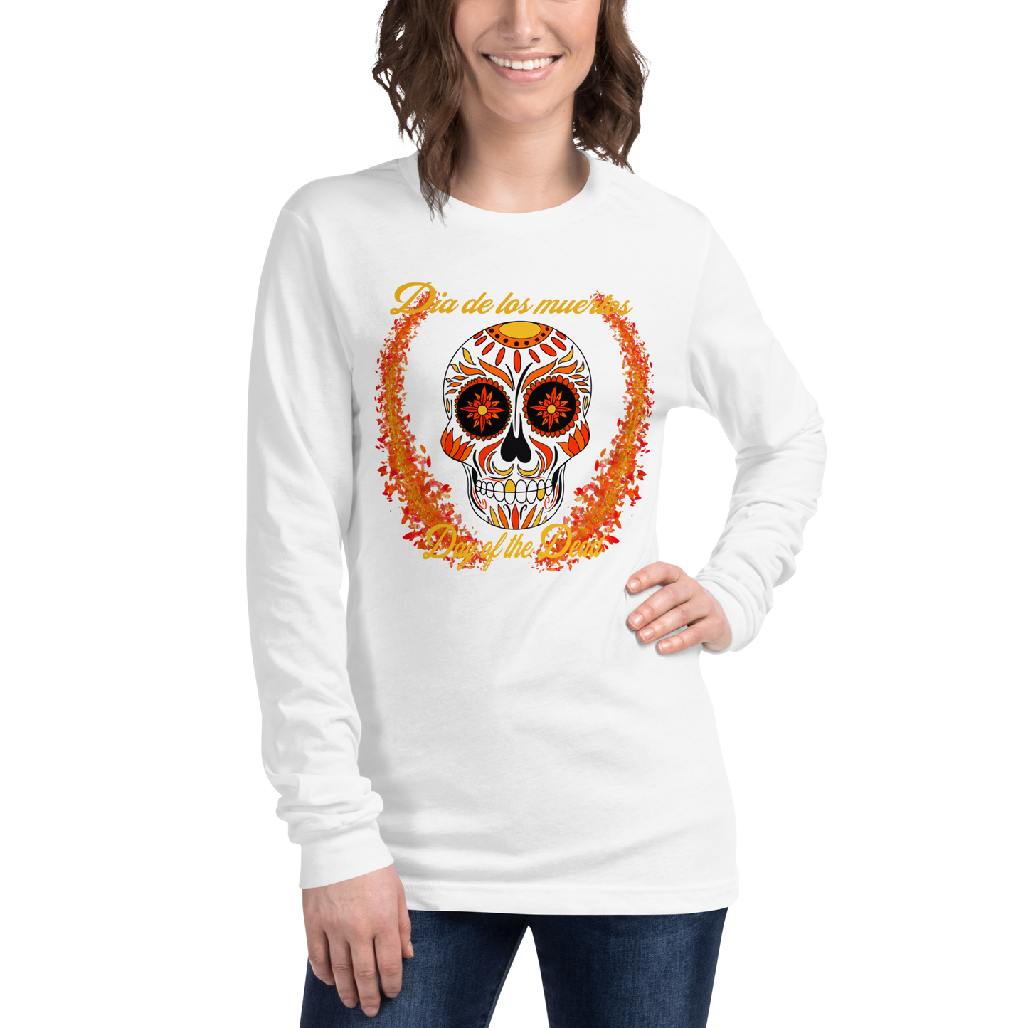 Day of the dead orange and red Dia de los muertos Unisex Long Sleeve Tee